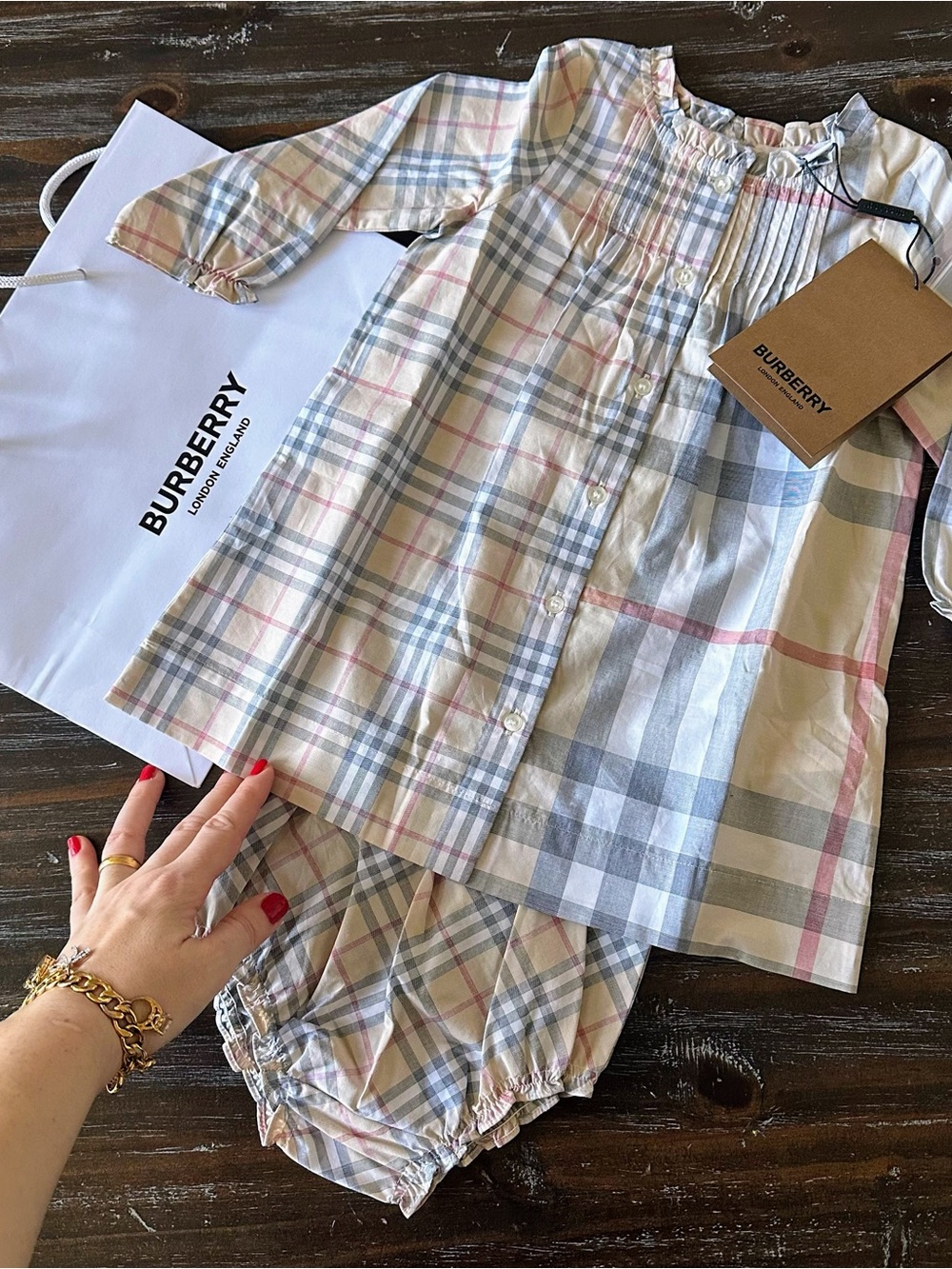 Authentic BURBERRY Baby Girl Bloomer Dress Set + Gift Bag Nova Check 9-12 Months
